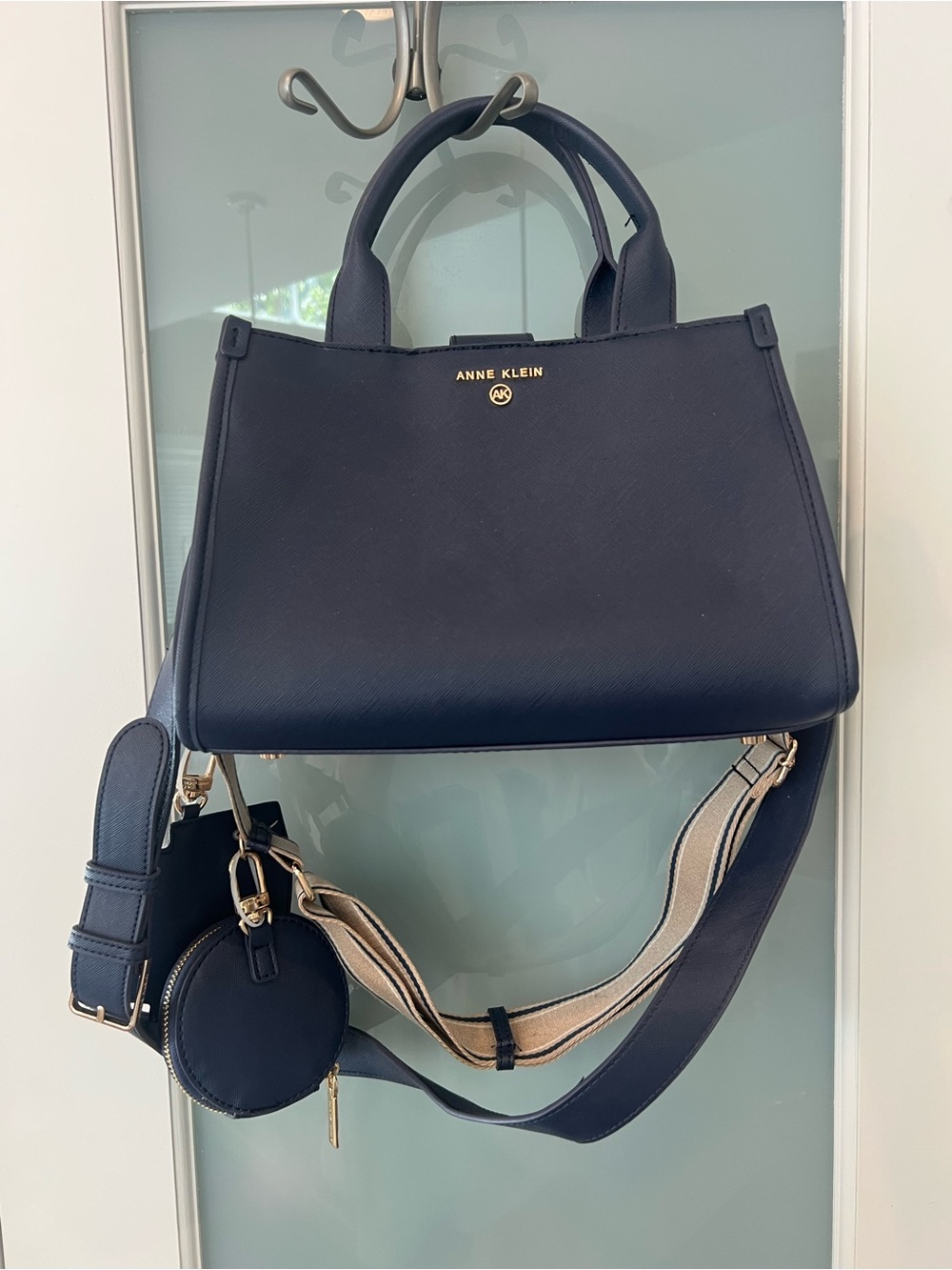Anne Klein Navy Saffiano Satchel with Striped Detachable Strap